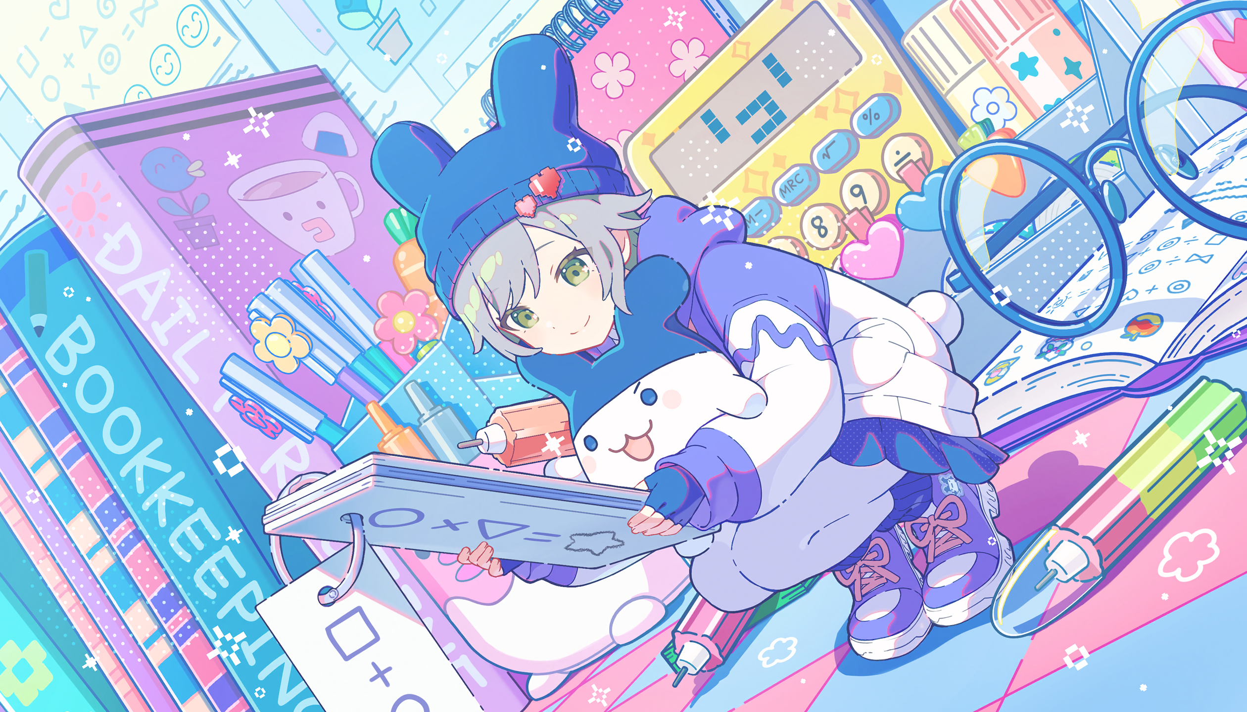 colorful palette, hinomori shiho, mimitchi, project sekai, tamagotchi, game cg, highres, official art, third-party source, 1girl, alternate hairstyle, apple, black gloves, black skirt, blue hat, book, carrot, circle, closed mouth, cup holder, division sign, dutch angle, fake tail, fingerless gloves, flower, food, fruit, full body, glasses, gloves, green eyes, grey hair, hat, heart, hood, hoodie, notepad, open book, pantyhose, pink flower, plus sign, purple hoodie, purple shoes, shoes, skirt, smile, square, tail, tamagotchi (creature), white hoodie, white pantyhose