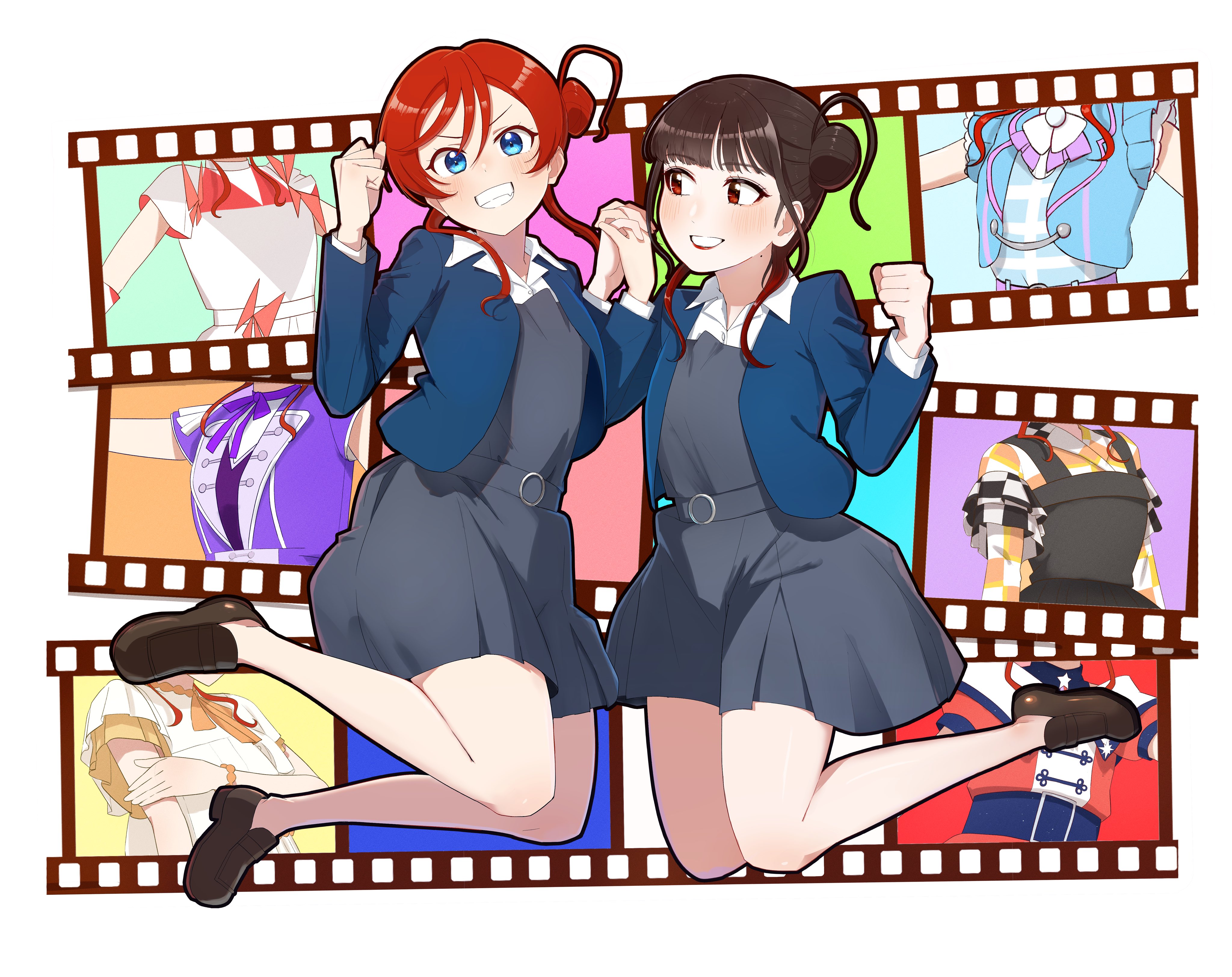 daikuro (adddaik), yoneme mei, love live!, love live! superstar!!, real life, absurdres, commentary request, highres, 2girls, belt, black hair, black shoes, blue eyes, blue jacket, bracelet, brown shoes, checkered clothes, clenched hand, clenched teeth, collared shirt, dazzling game, egao no promise, film strip, full body, hair bun, hand on own arm, hands up, holding hands, interlocked fingers, jacket, jewelry, let's be one (love live!), long sleeves, looking at another, multicolored hair, multiple girls, neck ribbon, official alternate costume, purple ribbon, red eyes, red hair, ribbon, school uniform, shirt, shoes, short hair with long locks, short sleeves, single hair bun, smile, special color (love live!), superstar!! (love live!), teeth, two-tone hair, voice actor, voice actor connection, yabushima akane, yuigaoka school uniform, zettaiteki lover