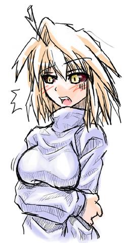 arcueid brunestud, melty blood, tsukihime, lowres, 00s, 1girl, ahoge, blonde hair, blush, breasts, colored sclera, female focus, large breasts, open mouth, red sclera, short hair, simple background, solo, yellow eyes