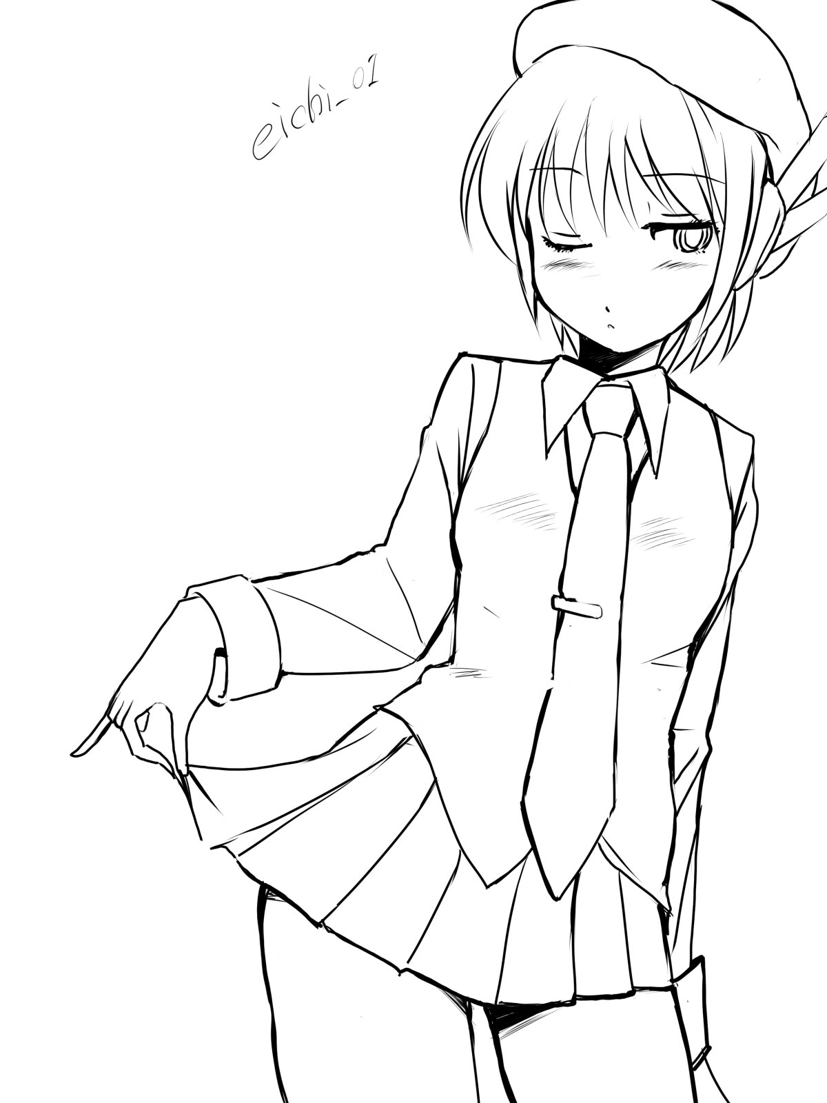 eichi1219, utane uta, utau, commentary request, highres, 1girl, beret, collared shirt, cowboy shot, half-closed eyes, hat, jitome, lineart, long sleeves, looking to the side, monochrome, necktie, one eye closed, pleated skirt, robot ears, shirt, short hair, skirt, skirt hold, solo, tie clip, twitter username