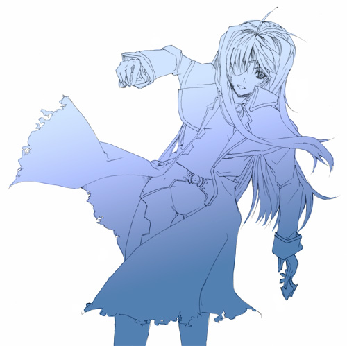 cinque (nanoha), numbers (nanoha), lyrical nanoha, mahou shoujo lyrical nanoha, mahou shoujo lyrical nanoha strikers, lowres, 00s, 1girl, blue theme, eyepatch, female focus, monochrome, simple background, solo
