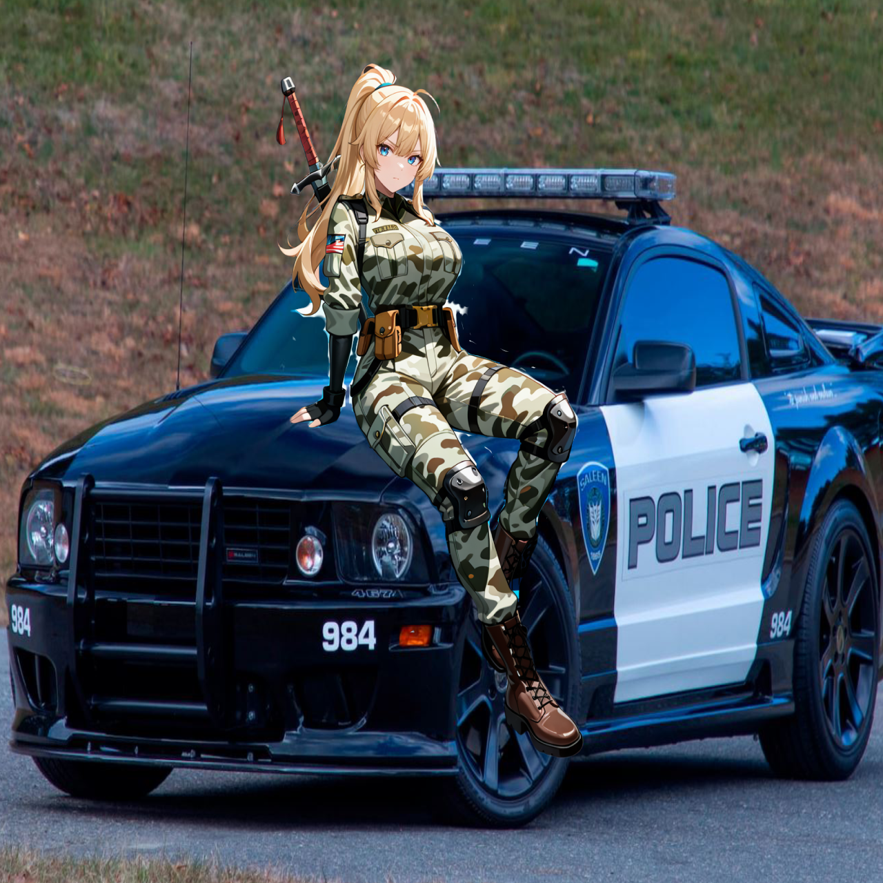 barricade (transformers), transformers, highres, non-web source, #crackship, #femaleoc, #occharacter, military uniform, oc x canon