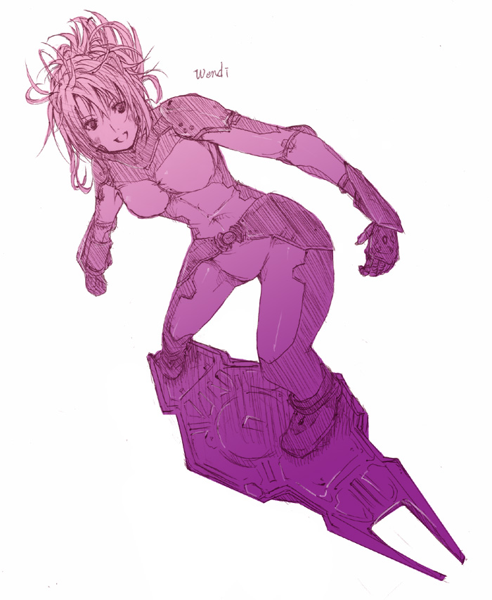 numbers (nanoha), wendi (nanoha), lyrical nanoha, mahou shoujo lyrical nanoha, mahou shoujo lyrical nanoha strikers, 00s, 1girl, blush, bodysuit, boots, character name, female focus, gloves, hoverboard, monochrome, ponytail, smile, solo