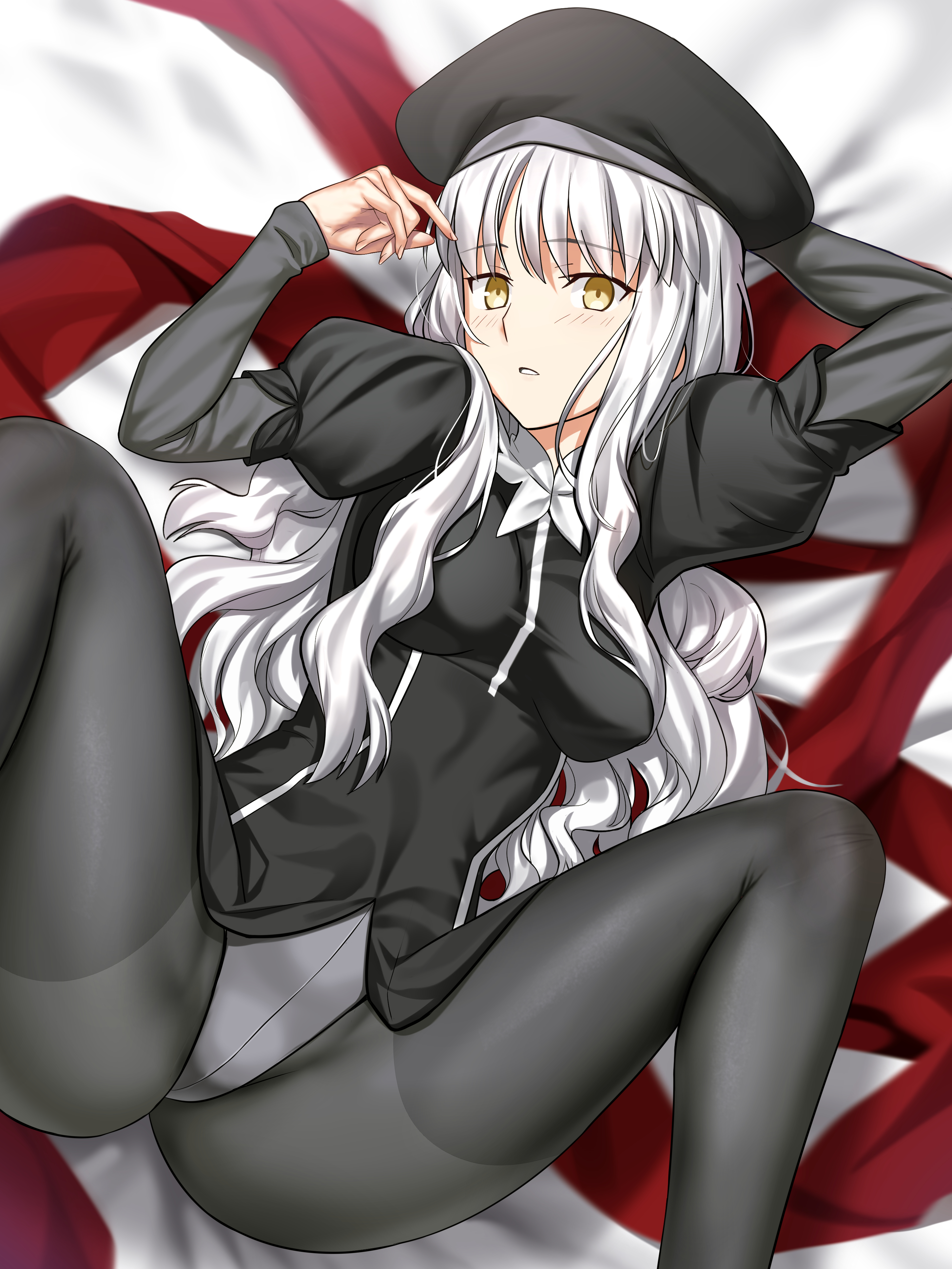 besmiled, caren hortensia, fate/hollow ataraxia, fate (series), absurdres, highres, 1girl, arms up, black dress, black pantyhose, blush, breasts, covered erect nipples, dress, female focus, juliet sleeves, large breasts, leotard, long hair, long sleeves, looking at viewer, lying, no pants, on back, open mouth, pantyhose, puffy short sleeves, puffy sleeves, red shawl, shawl, short sleeves, shroud of magdalene, simple background, solo, solo focus, spread legs, teeth, white background, white hair, white leotard, yellow eyes