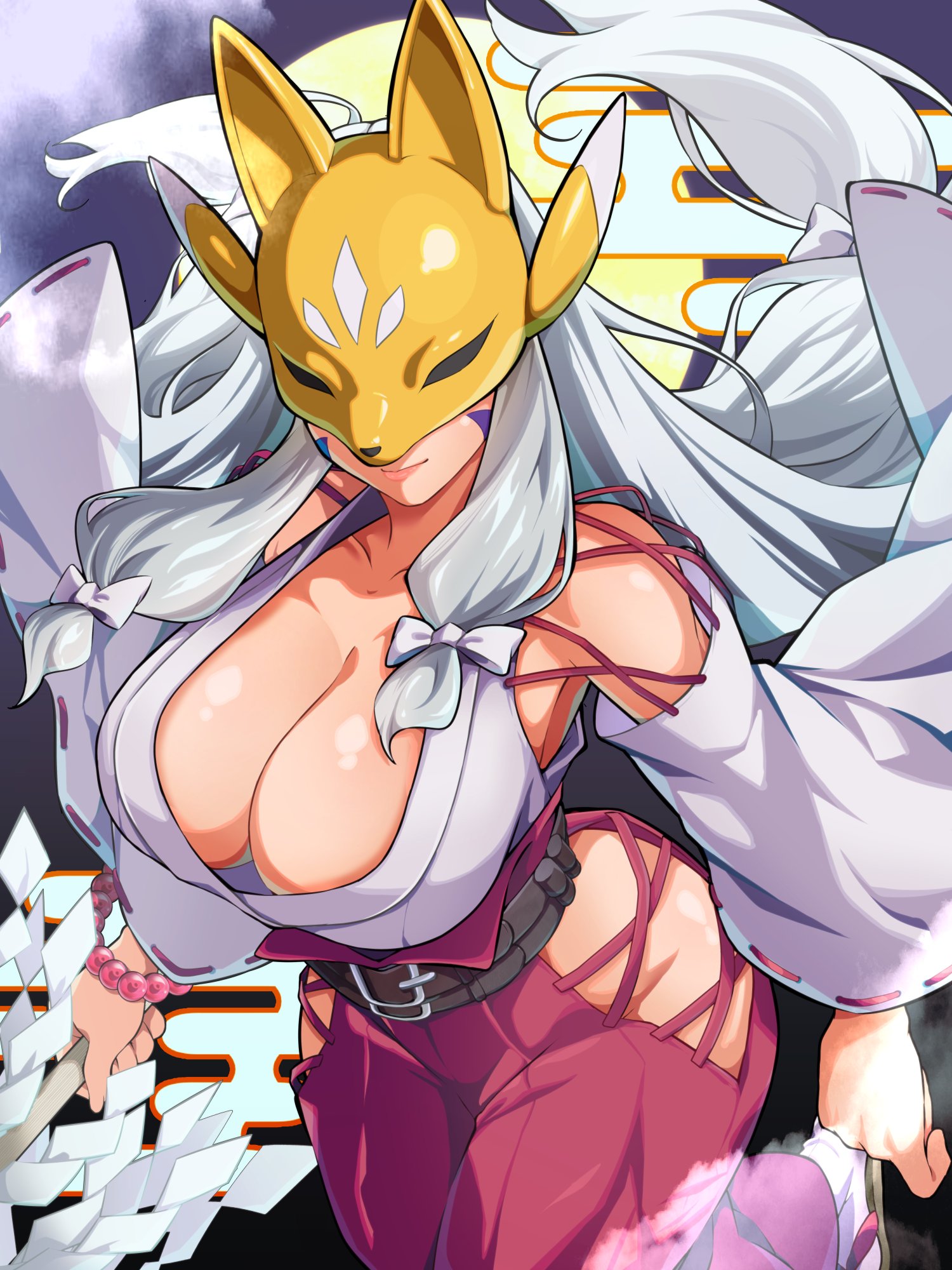 pakotaroh, sakuyamon, sakuyamon: miko mode, digimon, highres, 1girl, belt, breasts, cleavage, clothing cutout, covered eyes, digimon (creature), facial mark, fox mask, grey hair, holding, japanese clothes, long hair, mask, miko, pants, solo, staff, very long hair