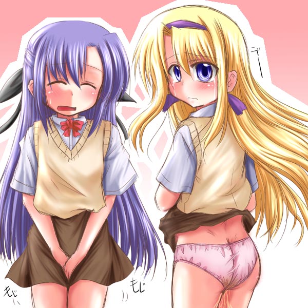 misana, carim gracia, ginga nakajima, lyrical nanoha, mahou shoujo lyrical nanoha, mahou shoujo lyrical nanoha strikers, 00s, aged down, clothes lift, embarrassed, loli, panties, pee, peeing, peeing self, skirt, skirt lift, underwear