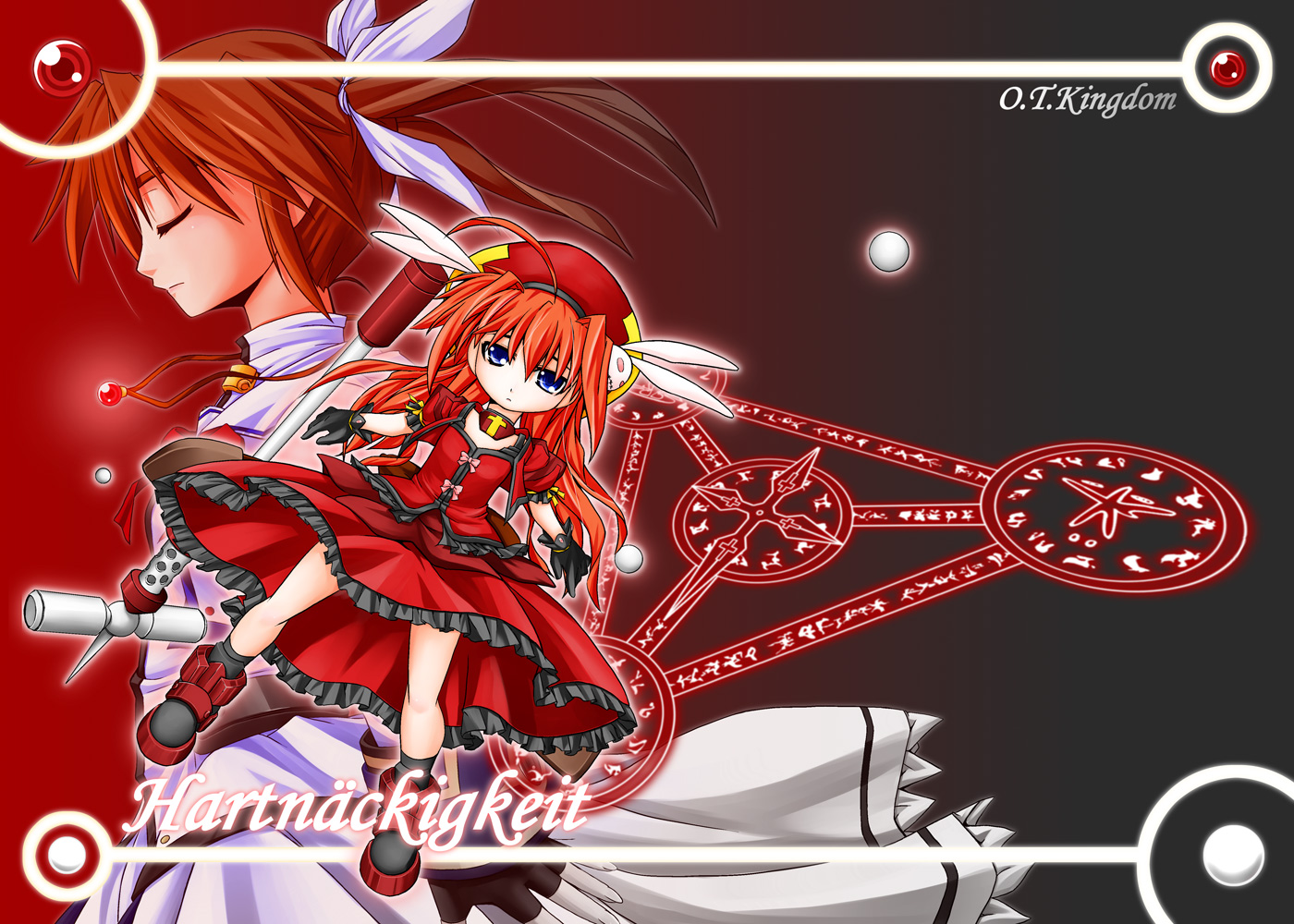 u-ka, yu lulu (uka), graf eisen, raising heart, raising heart (standby mode), takamachi nanoha, takamachi nanoha (sacred mode), vita (nanoha), lyrical nanoha, mahou shoujo lyrical nanoha, uniform, 00s, 2girls, ahoge, bad anatomy, beret, braid, brown hair, dress, fingerless gloves, from side, german text, gloves, hammer, hat, jacket, long hair, looking at viewer, magic circle, magical girl, multiple girls, open clothes, open jacket, orange hair, profile, red hair, twin braids, twintails, upper body, white dress