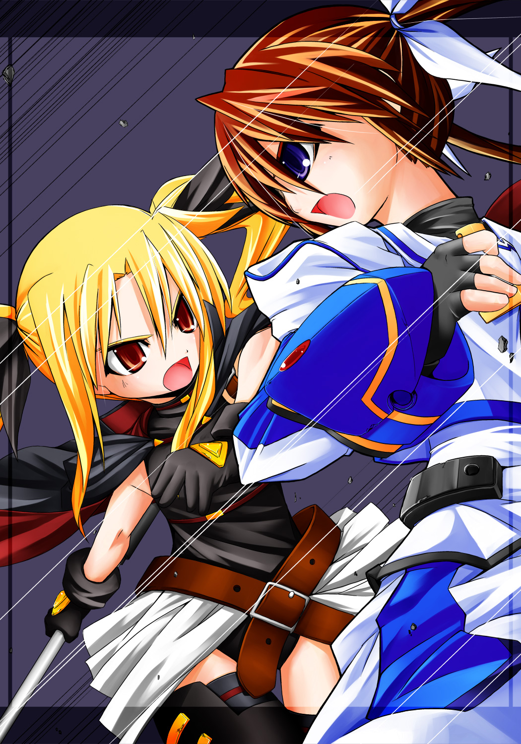 u-ka, bardiche (nanoha), fate testarossa, fate testarossa (movie 1st form), takamachi nanoha, takamachi nanoha (movie 1st mode), lyrical nanoha, mahou shoujo lyrical nanoha, mahou shoujo lyrical nanoha movie, mahou shoujo lyrical nanoha the movie 1st, highres, >:d, 10s, 2girls, :d, battle, black gloves, blonde hair, brown hair, cape, fingerless gloves, gloves, magical girl, multiple girls, open mouth, red eyes, sidelocks, smile, thighhighs, twintails, upper body, v-shaped eyebrows