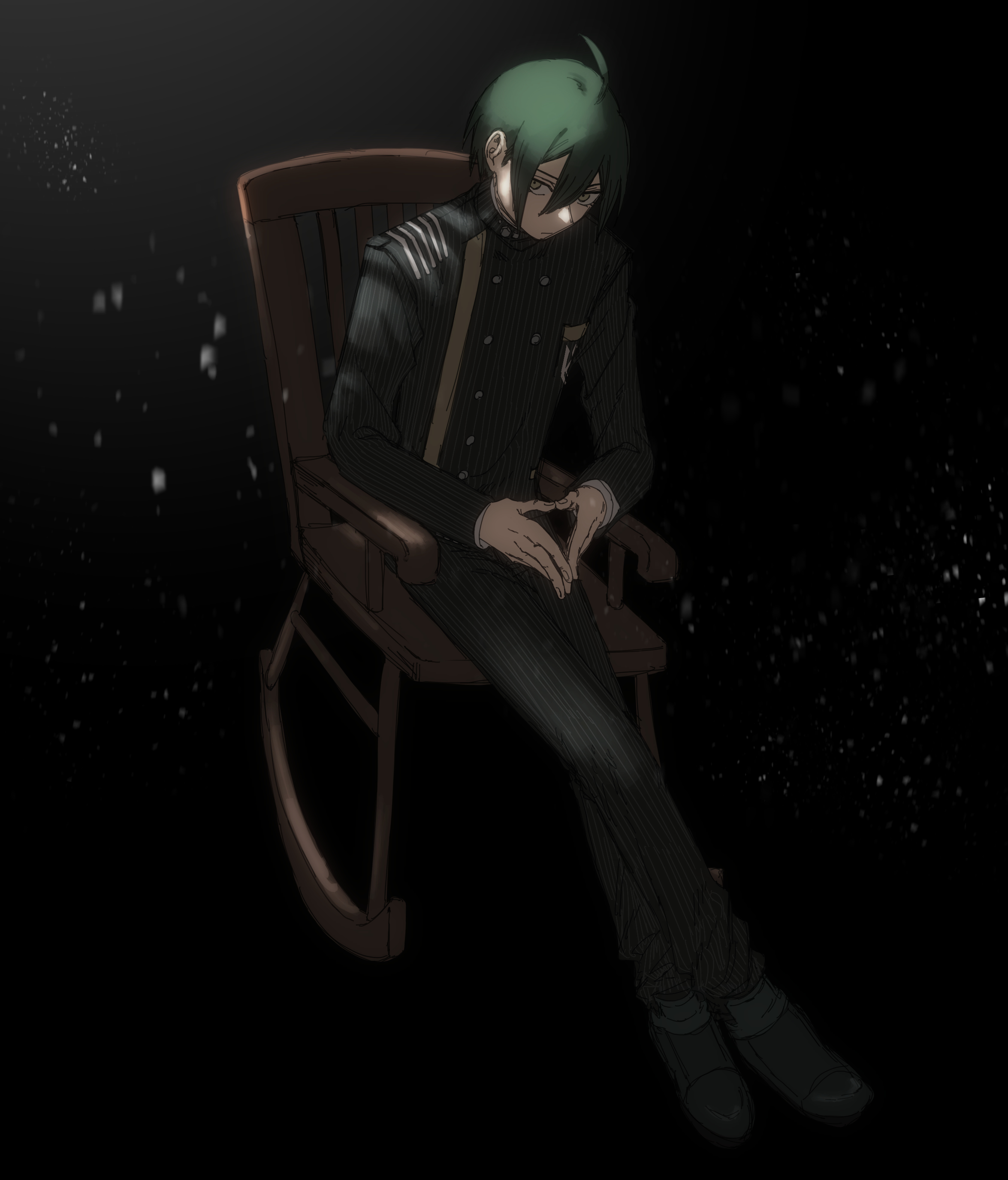 krmtknkoo1582, saihara shuichi, danganronpa (series), danganronpa v3: killing harmony, absurdres, commentary request, highres, 1boy, ahoge, aqua hair, black background, black jacket, black pants, black shoes, breast pocket, buttons, chair, closed mouth, collared jacket, crest, crossed legs, double-breasted, dress shoes, expressionless, eyelashes, fingernails, full body, gakuran, grey eyes, hair between eyes, high collar, jacket, layered sleeves, light frown, long sleeves, male focus, on chair, own hands together, pale skin, pants, pinstripe jacket, pinstripe pants, pinstripe pattern, pocket, pointy nose, rocking chair, school uniform, shoes, short hair, simple background, sitting, snowing, solo