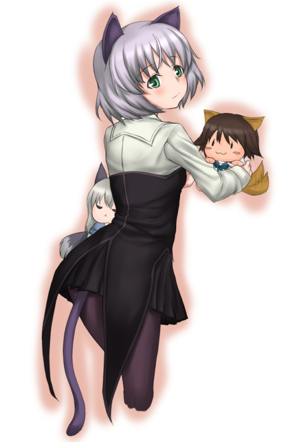 rokuichi, eila ilmatar juutilainen, miyafuji yoshika, sanya v. litvyak, strike witches, world witches series, silver hair, 00s, 3girls, animal ears, black pantyhose, brown hair, chibi, green eyes, looking back, multiple girls, pantyhose, short hair, tail