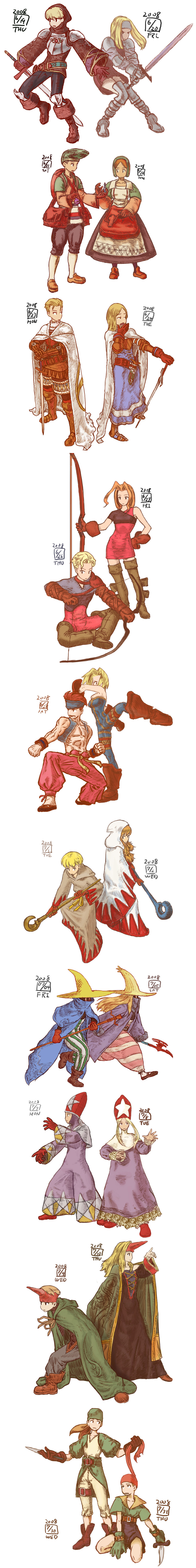 ikeda (cpt), archer (fft), black mage (fft), black mage (final fantasy), chemist (fft), knight (fft), monk (fft), squire (fft), summoner (fft), thief (fft), time mage, time mage (fft), white mage (fft), white mage (final fantasy), final fantasy, final fantasy tactics, black mage, white mage, absurdres, highres, long image, tall image, 6+boys, 6+girls, blonde hair, comic, dress, full body, holding, holding sword, holding weapon, looking at viewer, multiple boys, multiple girls, red dress, simple background, standing, sword, weapon, white background