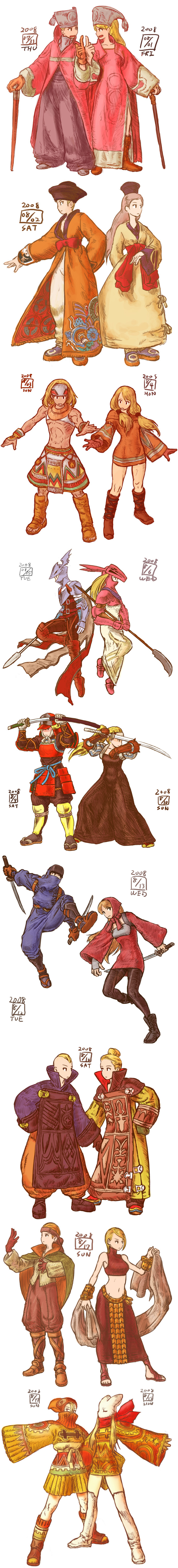 ikeda (cpt), arithmetician (fft), bard (fft), dancer (fft), dragoon (fft), dragoon (final fantasy), geomancer (fft), mime (fft), mystic (fft), ninja (fft), orator (fft), samurai (fft), final fantasy, final fantasy tactics, absurdres, highres, long image, tall image, 00s, 2008, 6+boys, 6+girls, armor, bare shoulders, blonde hair, breastplate, brown gloves, cane, collarbone, dated, dragoon, dress, full armor, full body, gauntlets, gloves, helmet, long hair, looking afar, midriff, multiple boys, multiple girls, muscular, navel, outstretched arm, pink hair, red dress, robe, simple background, spread fingers, standing, stomach, tassel, white background