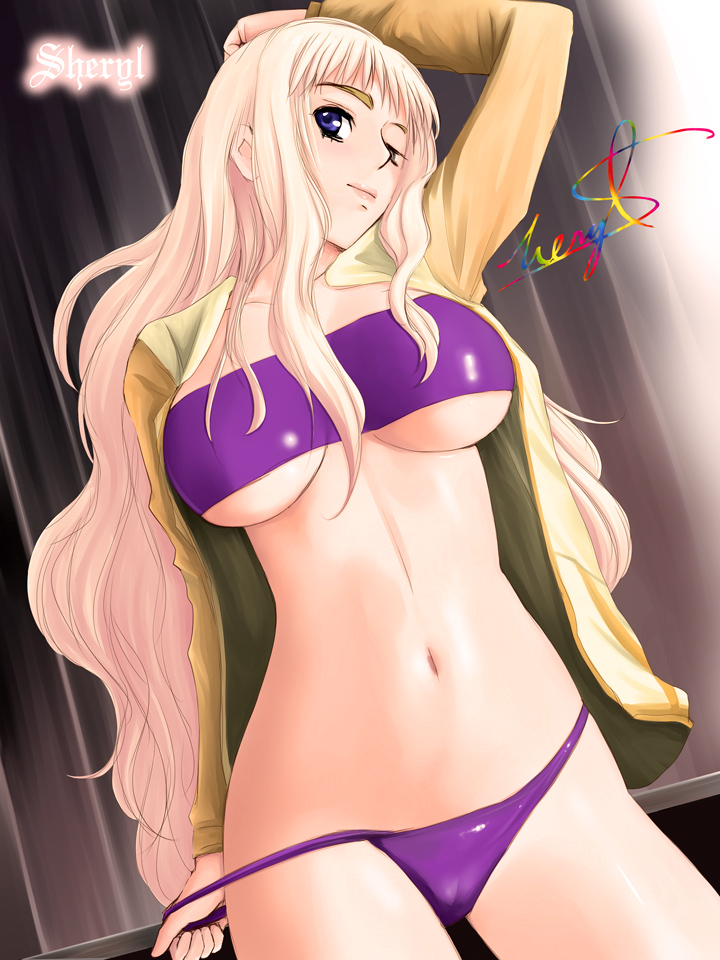 niwatori kokezou, sheryl nome, macross, macross frontier, 00s, bandeau, bikini, blonde hair, blue eyes, breasts, jacket, large breasts, long hair, purple bikini, solo, swimsuit, underboob, very long hair