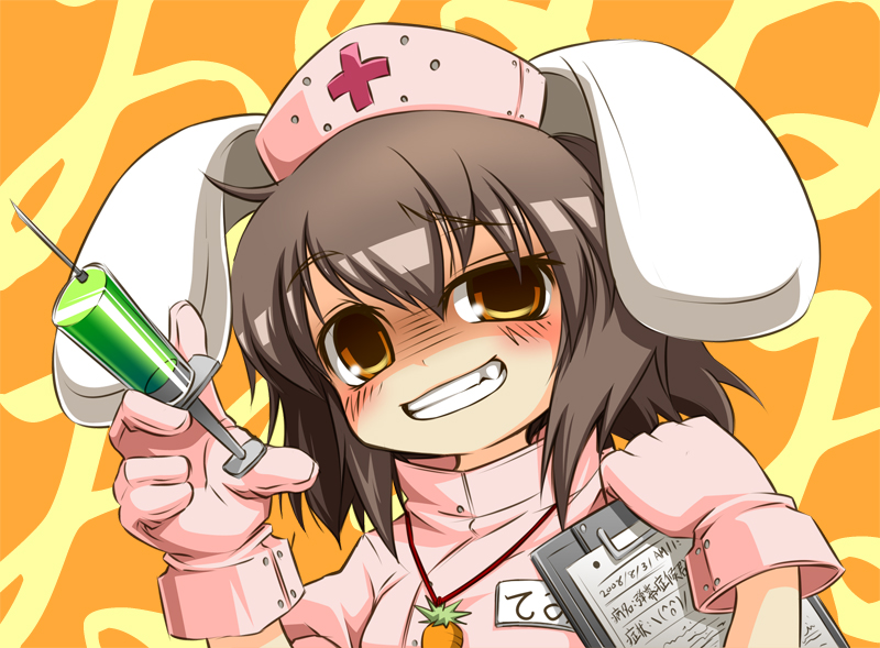 noya makoto, inaba tewi, touhou, translated, 1girl, (^o^)/, \(^o^)/, animal ears, black hair, blush, carrot, female focus, gloves, grin, hat, nurse, rabbit ears, red eyes, short hair, smile, solo, syringe, upper body