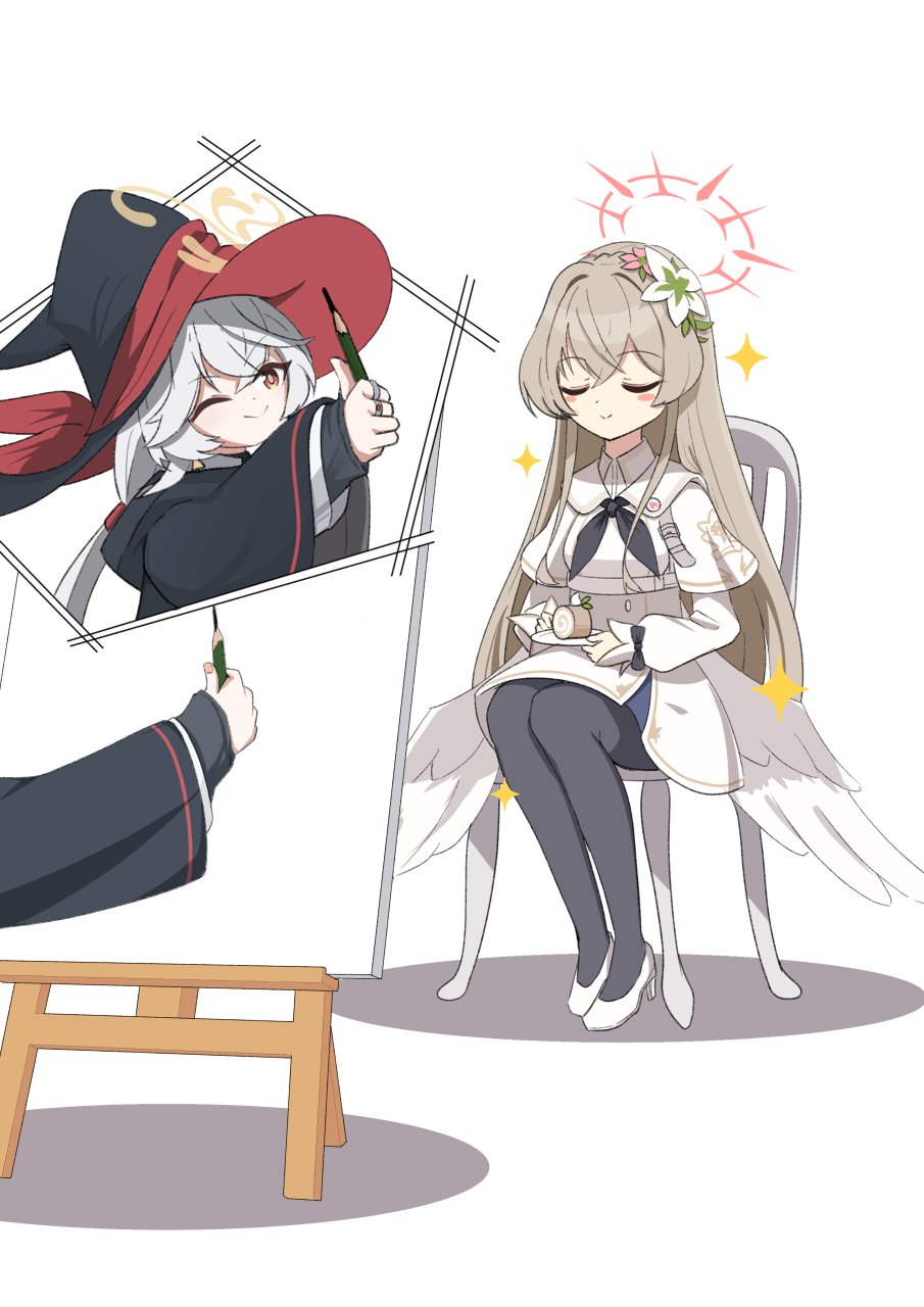 eri (blue archive), nagisa (blue archive), blue archive, commentary request, highres, 2girls, ;), black hat, black pantyhose, blush stickers, braid, brown eyes, brown hair, cake, chair, closed eyes, closed mouth, crossed bangs, crown braid, dress, feathered wings, flower, food, full body, grey hair, hair between eyes, hair flower, hair intakes, hair ornament, halo, hat, hat ribbon, high heels, holding, holding pen, holding plate, leaf hair ornament, legs together, long hair, long sleeves, looking at another, low ponytail, low wings, medium dress, modeling, multiple girls, on chair, one eye closed, pantyhose, pen, pink flower, pink halo, plate, ponytail, puffy long sleeves, puffy sleeves, red ribbon, ribbon, sailor collar, school uniform, serafuku, shippow, shoes, simple background, sitting, smile, sparkle, split mouth, spoken character, straight hair, swiss roll, thumbs up, v-shaped eyebrows, very long hair, white background, white dress, white flower, white sailor collar, white shoes, white wings, wide sleeves, wings, witch hat, yellow halo