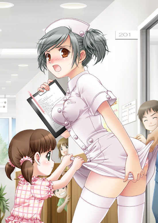 hiyori (nyatto), original, silver hair, 2boys, 3girls, assisted exposure, blush, brown eyes, clipboard, clothes lift, hat, multiple boys, multiple girls, nurse, panties, short hair, skindentation, skirt, skirt lift, thighhighs, twintails, underwear, upskirt, zettai ryouiki