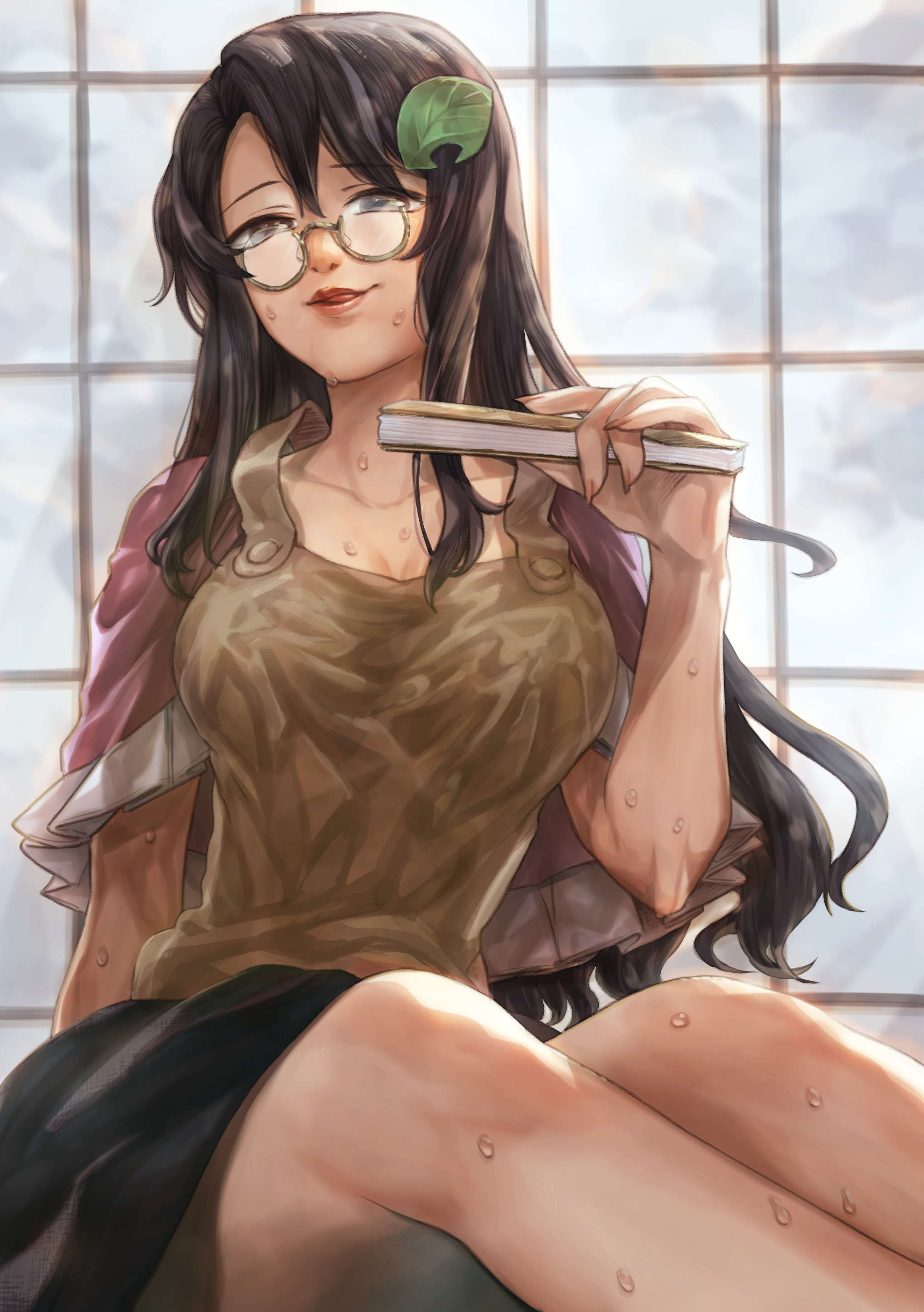 shirane koitsu, futatsuiwa mamizou, touhou, absurdres, highres, 1girl, black skirt, breasts, brown eyes, brown hair, brown shirt, cleavage, feet out of frame, folded fan, folding fan, glasses, hair ornament, hand fan, holding, holding fan, knees, leaf, leaf hair ornament, licking lips, lipstick, long hair, makeup, round eyewear, shirt, sitting, skirt, solo, sweat, tongue, tongue out