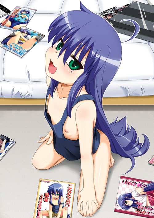 hijiri tsukasa, izumi konata, lucky star, bad id, bad pixiv id, 00s, 1girl, ahoge, blue hair, blush, bottomless, breasts, female focus, flat chest, green eyes, kiyoshi tsukasa, kneeling, loli, long hair, mole, mole under eye, nipple slip, nipples, no panties, solo, squatting