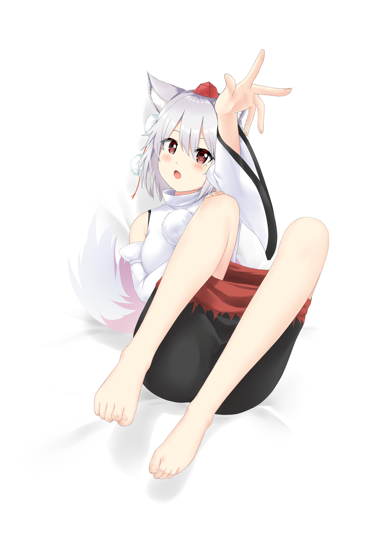doge (jkdoge), inubashiri momiji, touhou, commentary, highres, 1girl, :o, animal ears, arm up, barefoot, black skirt, black trim, blush, detached sleeves, knees up, long sleeves, medium hair, open mouth, pom pom (clothes), reaching, reaching towards viewer, red eyes, red trim, shirt, simple background, sitting, skirt, solo, tail, white background, white hair, white shirt, wide sleeves, wolf ears, wolf girl, wolf tail