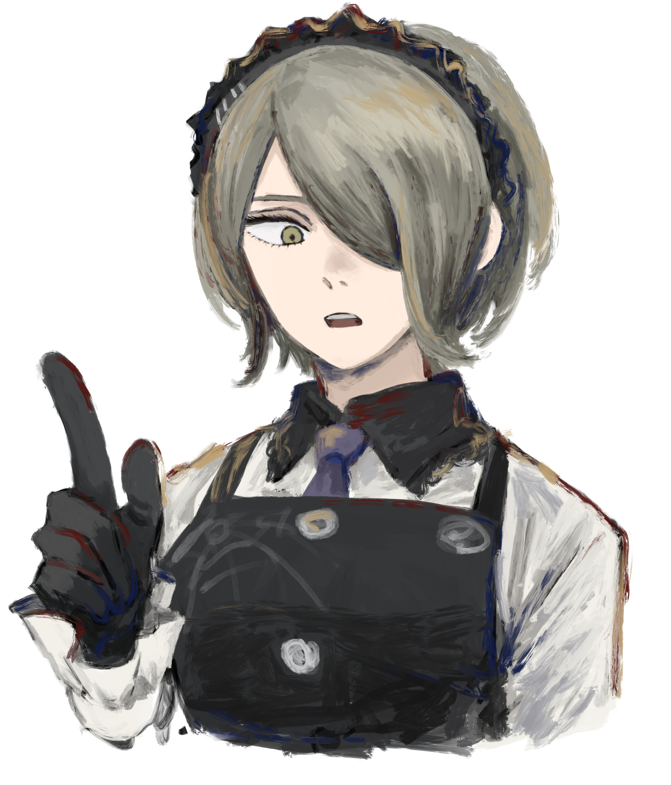 krmtknkoo1582, tojo kirumi, danganronpa (series), danganronpa v3: killing harmony, absurdres, commentary request, highres, 1girl, badge, black dress, black gloves, breasts, buttons, collared shirt, cropped torso, dress, expressionless, eyelashes, frilled hairband, frilled shirt collar, frilled sleeves, frills, frown, gloves, green eyes, grey hairband, grey shirt, hair over one eye, hairband, large breasts, long sleeves, looking at viewer, necktie, nostrils, open mouth, pinafore dress, pointing, pointing up, print dress, purple necktie, shirt, short hair, simple background, sleeveless, sleeveless dress, sleeves past wrists, solo, spider web print, talking, teeth, upper teeth only, white background, white shirt