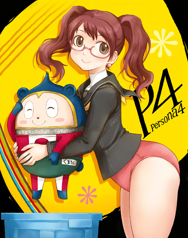 takagi hideaki, kujikawa rise, atlus, persona, persona 4, bad id, bad pixiv id, 1girl, buruma, female focus, glasses, no pants, panties, pink-framed eyewear, pink buruma, solo, thick thighs, thighs, twintails, underwear