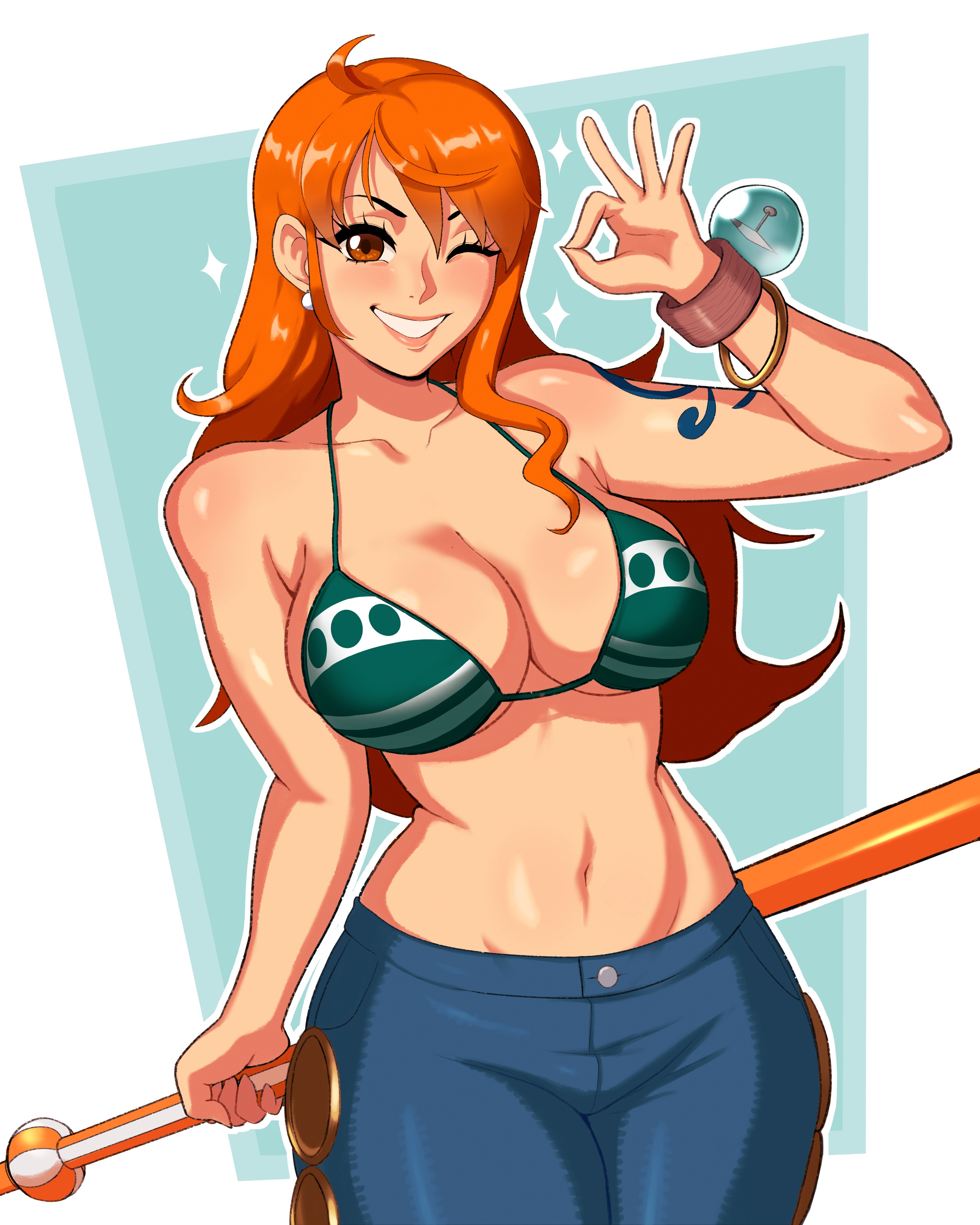 kryokenn, nami (one piece), one piece, absurdres, commentary, highres, 1girl, bangle, bare shoulders, bikini, bikini top only, blue pants, blush, bracelet, breasts, brown eyes, cleavage, clima-tact, collarbone, cowboy shot, denim, earrings, green bikini, halterneck, holding, holding staff, jeans, jewelry, large breasts, lips, log pose, long hair, looking at viewer, navel, ok sign, one eye closed, orange hair, pants, parted lips, pearl earrings, pink lips, shoulder tattoo, single sidelock, smile, solo, sparkle, staff, stomach, swimsuit, tattoo, wavy hair
