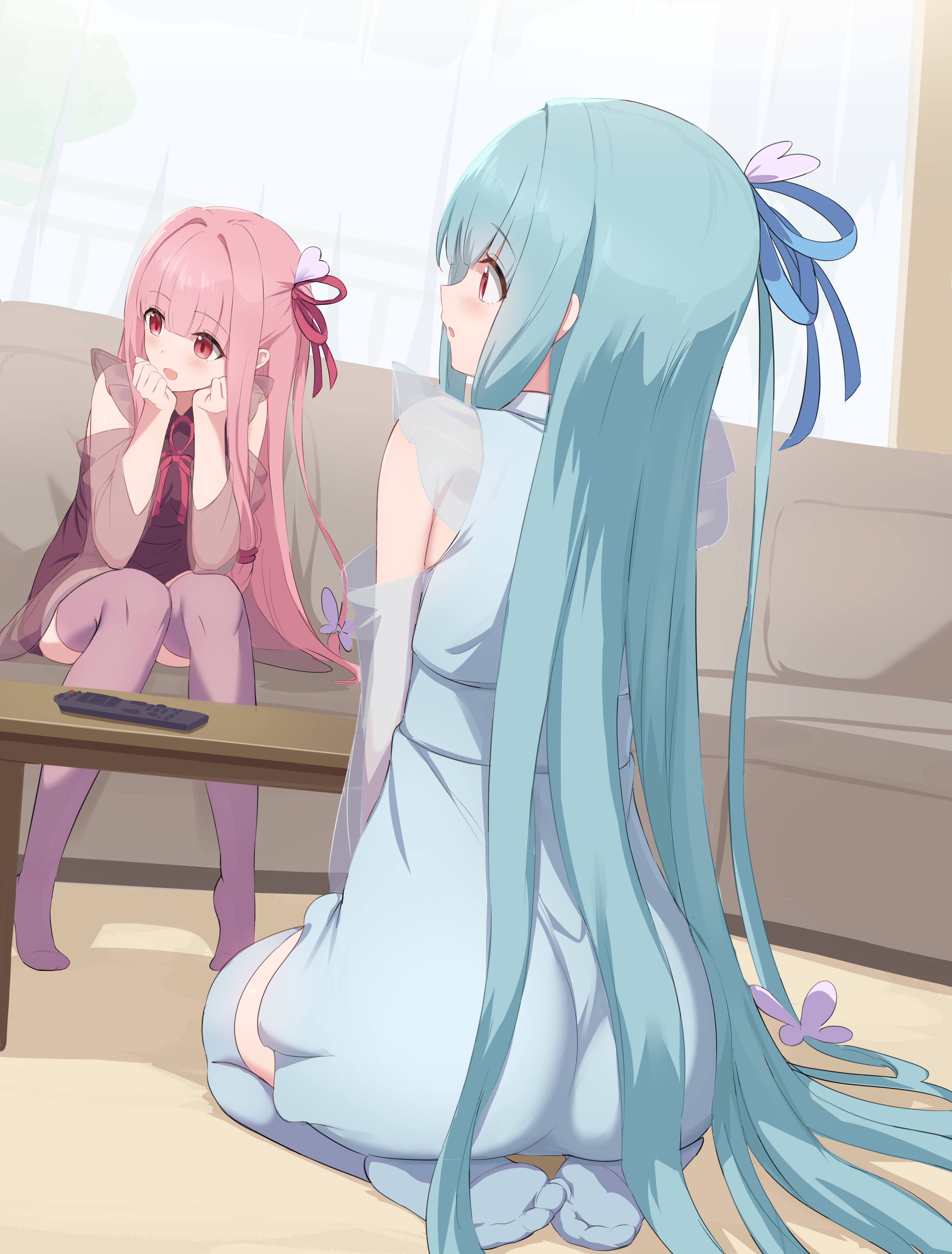 ruttse, kotonoha akane, kotonoha aoi, voiceroid, absurdres, highres, 2girls, ass, blue hair, controller, couch, hair ribbon, indoors, long hair, multiple girls, pink hair, red eyes, remote control, ribbon, seiza, siblings, sisters, sitting, thighhighs, very long hair