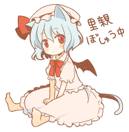 tamaki (209), remilia scarlet, touhou, lowres, 1girl, animal ears, barefoot, blue hair, cat ears, cat girl, cat tail, chibi, female focus, full body, hat, kemonomimi mode, red eyes, ribbon, short hair, simple background, solo, tail, white background, wings