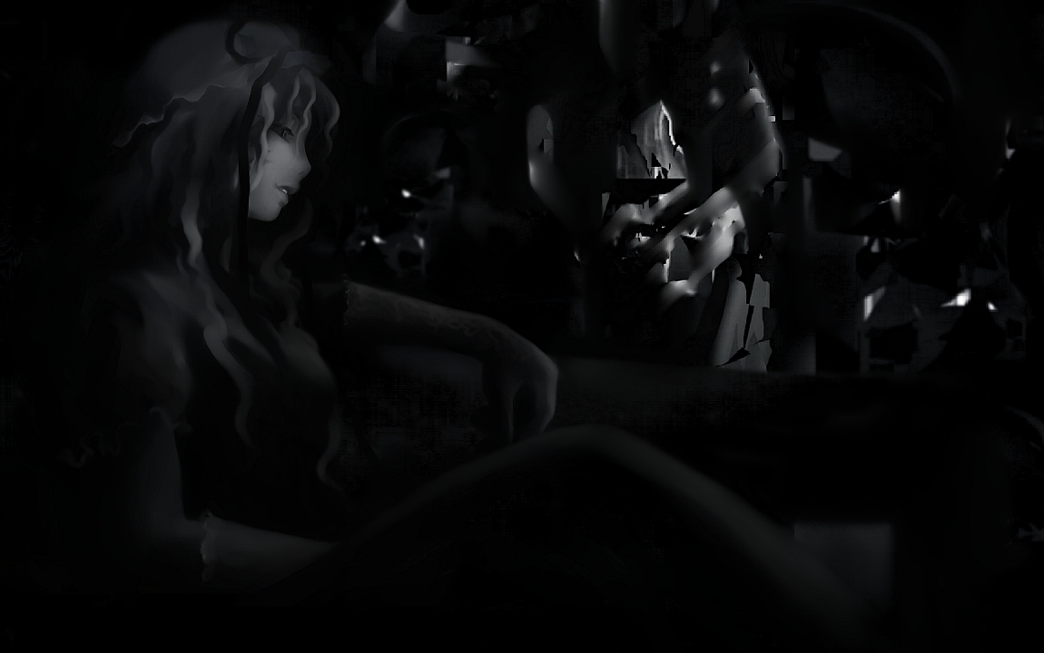 futon (kitsune tsuki), kitsune tsuki, yakumo yukari, touhou, 1girl, creepy, dark, female focus, horror (theme), monochrome, solo