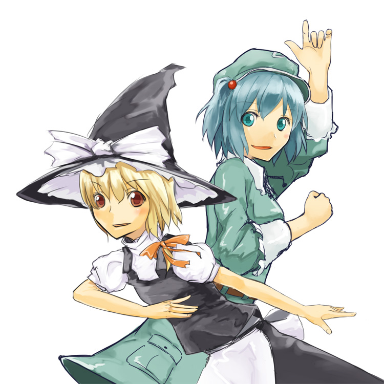 ruit, kawashiro nitori, kirisame marisa, touhou, 2girls, apron, bad anatomy, blonde hair, blue dress, blue eyes, blue hair, brown eyes, dress, female focus, flat cap, hat, long sleeves, looking at viewer, multiple girls, pocket, poorly drawn, puffy sleeves, simple background, two side up, vest, waist apron, white background, witch hat