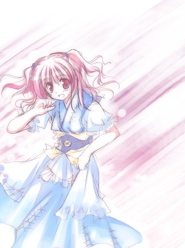 mizuki toko, onozuka komachi, touhou, 1girl, :d, blush, female focus, japanese clothes, kimono, looking at viewer, obi, open mouth, puffy short sleeves, puffy sleeves, red eyes, red hair, sash, short hair, short sleeves, simple background, smile, solo, twintails, two side up, white background