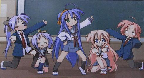 asahina mikuru, hiiragi kagami, hiiragi tsukasa, hirano aya, izumi konata, kogami akira, koizumi itsuki, kyon, nagato yuki, suzumiya haruhi, takara miyuki, hare hare yukai, lucky star, suzumiya haruhi no yuuutsu, jpeg artifacts, lowres, non-web source, 5girls, asahina mikuru (cosplay), cosplay, koizumi itsuki (cosplay), kyon (cosplay), mole, mole under eye, multiple girls, nagato yuki (cosplay), pantyhose, parody, school uniform, serafuku, suzumiya haruhi (cosplay), voice actor connection