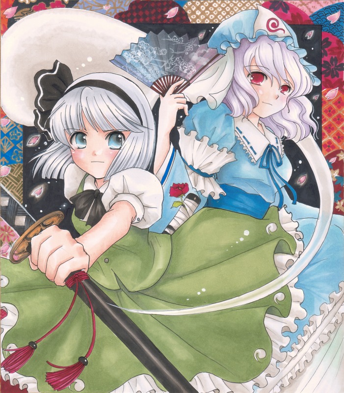 gintarou (puipuiginta), konpaku youmu, konpaku youmu (ghost), saigyouji yuyuko, touhou, silver hair, bad id, bad pixiv id, marker (medium), millipen (medium), pastel (medium), pen (medium), traditional media, 2girls, blue eyes, female focus, folding fan, ghost, hand fan, hat, hitodama, japanese clothes, katana, kimono, multiple girls, petals, pink hair, red eyes, ribbon, sheath, sheathed, short hair, sword, tassel, weapon