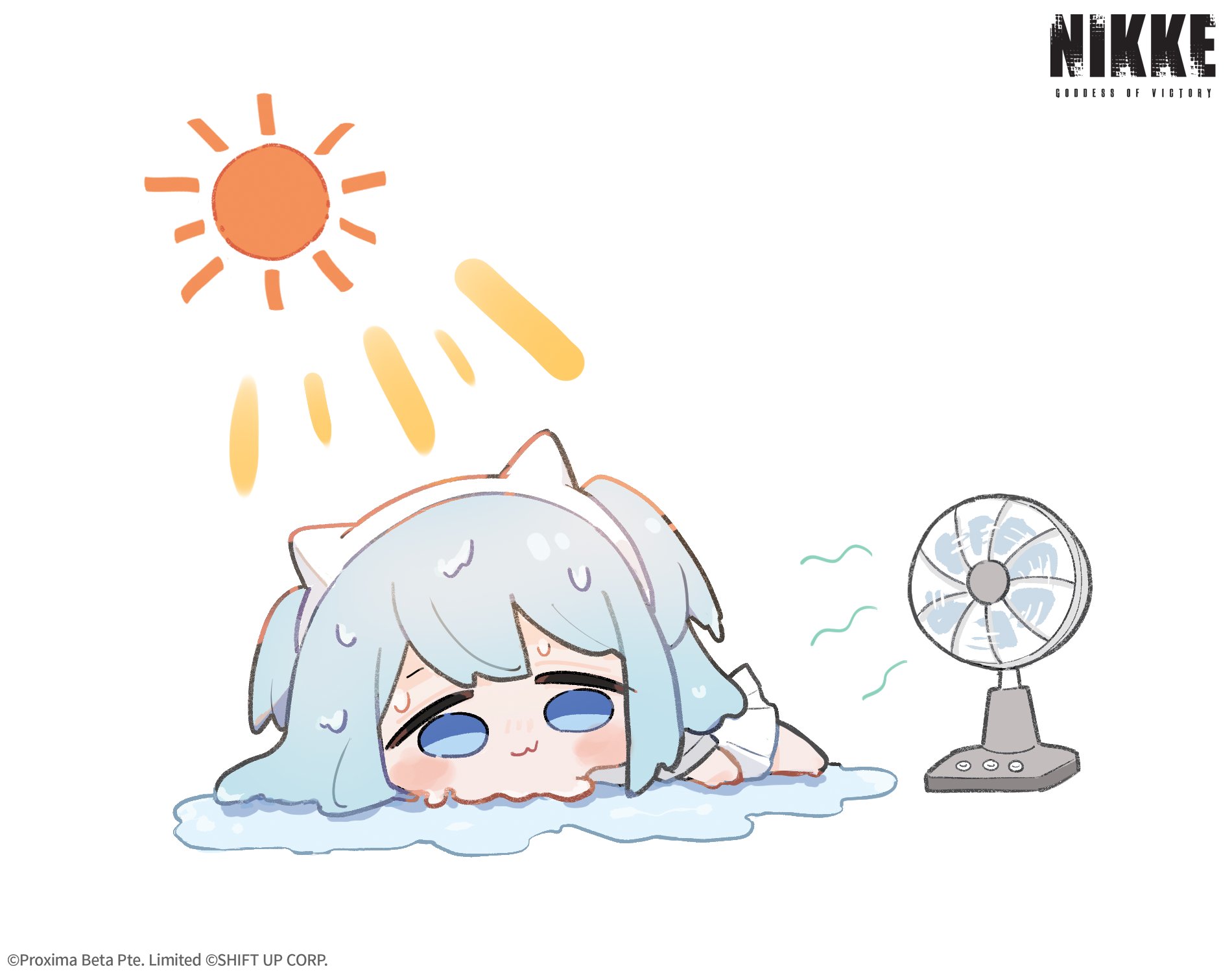 shifty (nikke), goddess of victory: nikke, highres, official art, 1girl, :3, blue eyes, blue hair, blush, chibi, copyright logo, electric fan, lying, melting, skirt, sun, two side up, white background, white skirt