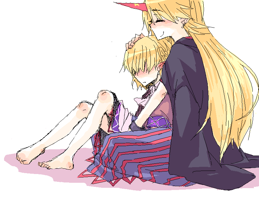 tadano kagekichi, hoshiguma yuugi, mizuhashi parsee, touhou, 2girls, barefoot, female focus, horns, jaggy lines, multiple girls, oekaki, single horn