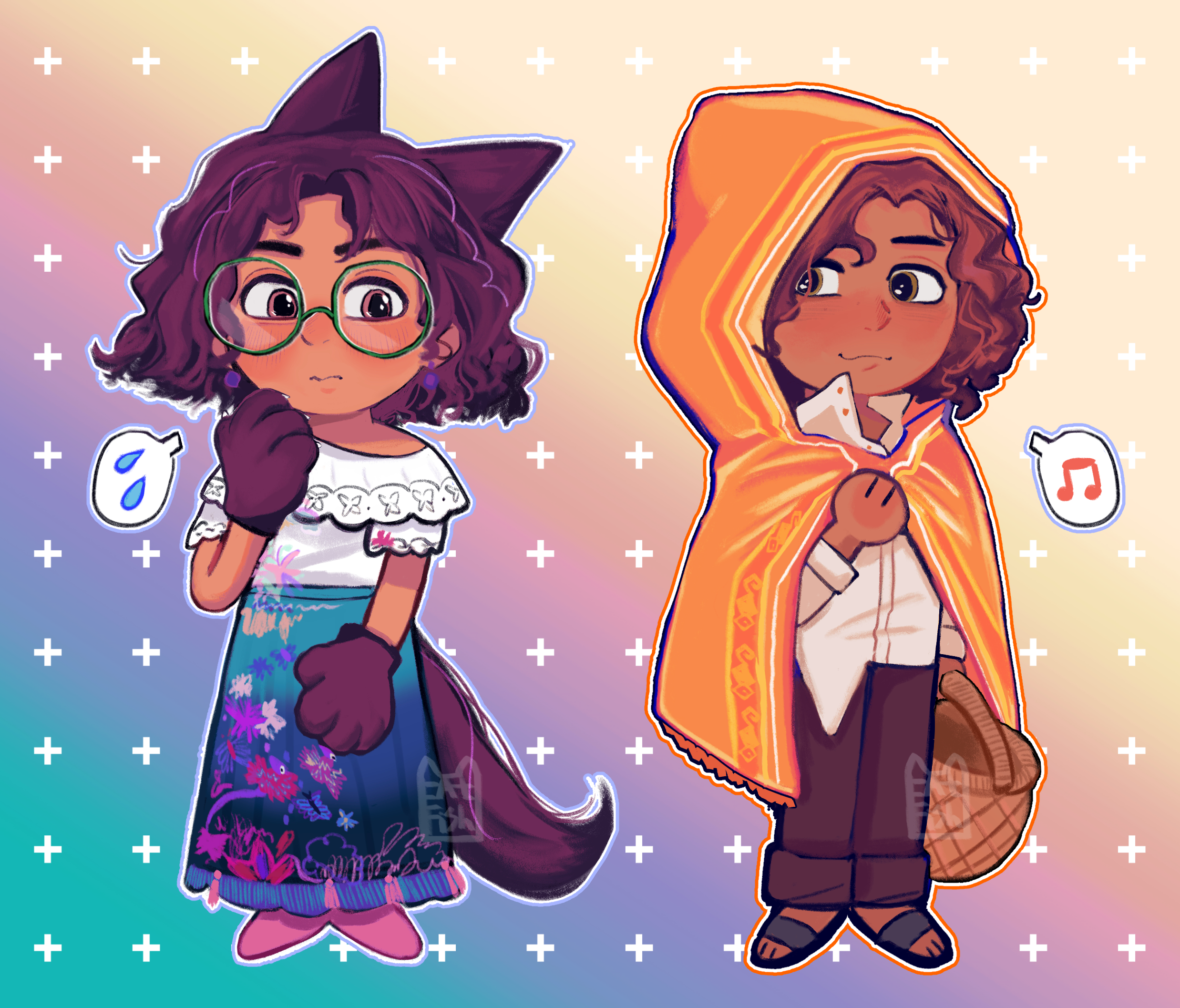 catfish (pixiv 28197383), camilo madrigal, mirabel madrigal, encanto, highres, 1boy, 1girl, brown eyes, brown hair, colombian clothes, curly hair, dark-skinned female, dark skin, earrings, glasses, green-framed eyewear, hourglass print, jewelry, round eyewear, shirt, simple background, skirt