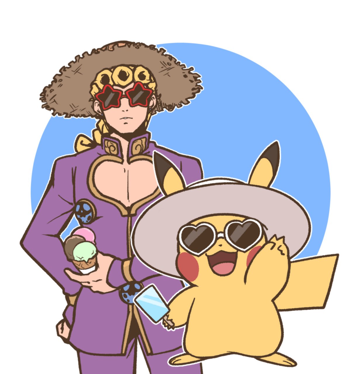 giorno giovanna, pikachu, jojo no kimyou na bouken, nintendo, pokemon, vento aureo, commentary, highres, symbol-only commentary, 1boy, :3, blonde hair, braid, cleavage cutout, clothing cutout, crossover, ears through headwear, food, gen 1 pokemon, hand on own hip, hat, heart, heart-shaped eyewear, holding, holding food, holding ice cream, holding ice cream cone, holding popsicle, ice cream, ice cream cone, kabutom ue shi, long hair, long sleeves, male focus, open mouth, pectoral cleavage, pectorals, pokemon (creature), popsicle, sleeves past wrists, star-shaped eyewear, star (symbol), straw hat, sun hat, sunglasses, v