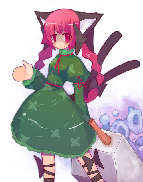 arashiya, kaenbyou rin, touhou, bad id, bad pixiv id, 1girl, animal ears, braid, cat ears, cat girl, cat tail, female focus, long hair, ribbon, skull, solo, standing, tail, twin braids, twintails, white background