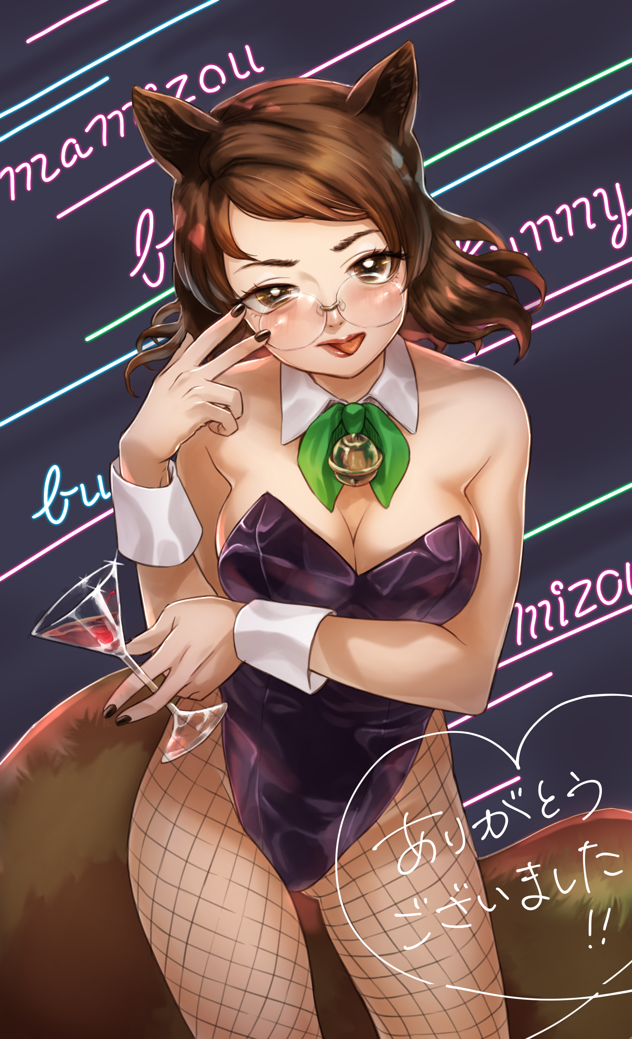 shirane koitsu, futatsuiwa mamizou, touhou, absurdres, highres, alcohol, alternate costume, animal ears, bell, black background, black leotard, black nails, bow, bowtie, breasts, brown hair, character name, cleavage, cowboy shot, cup, detached collar, drinking glass, fishnets, glasses, holding, holding cup, leotard, lipstick, makeup, medium hair, neck bell, neon lights, playboy bunny, raccoon ears, raccoon tail, round eyewear, tail, tanuki, tongue, tongue out, wine, wine glass, wrist cuffs