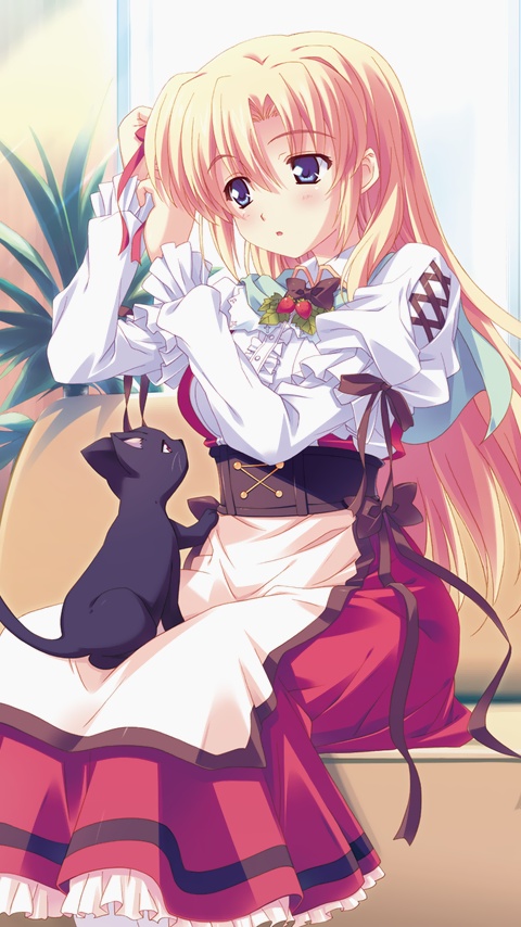 kusukusu, marie rudel, sakura strasse, non-web source, blonde hair, blue eyes, cat, dress, frills, long hair, ribbon