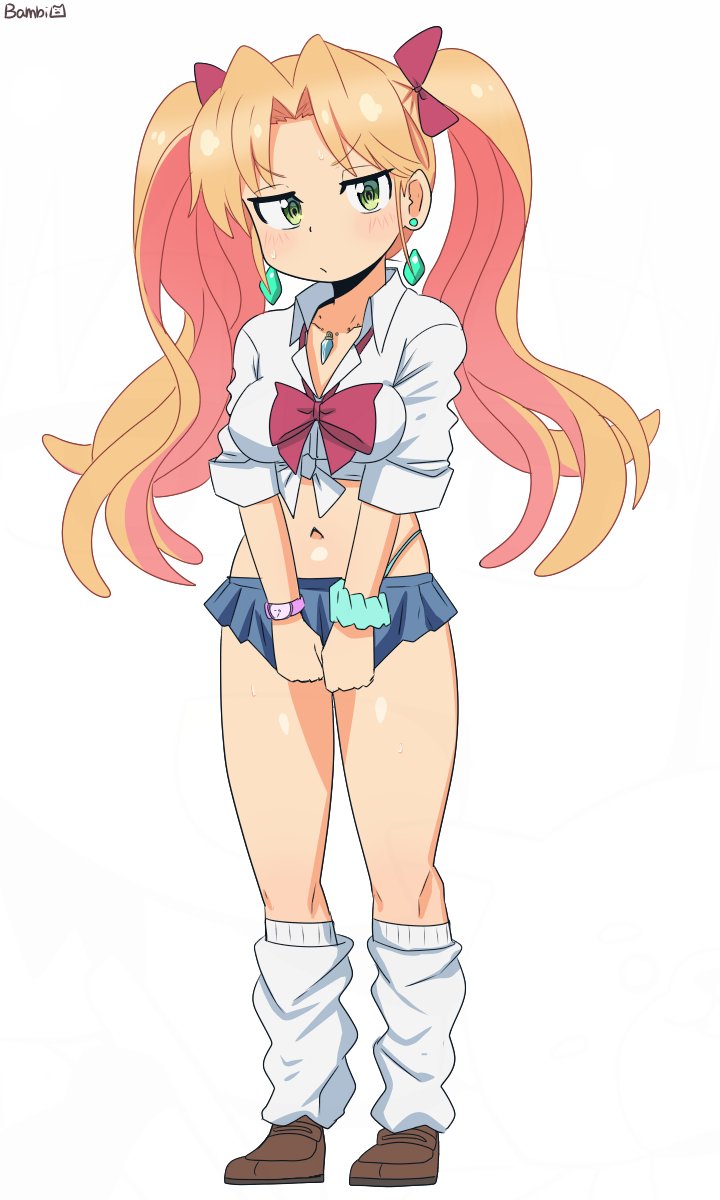 bambi2000line, tanigawa ruri, ruri no houseki, commentary, highres, 1girl, :/, alternate costume, alternate hairstyle, artist name, bare legs, blue skirt, bow, bowtie, breasts, brown shoes, earrings, frown, full body, green eyes, gyaru, hair bow, jewelry, kogal, light blush, loafers, long hair, looking at viewer, loose bowtie, loose socks, medium breasts, microskirt, midriff, navel, necklace, orange hair, pleated skirt, red bow, red bowtie, scrunchie, shirt, shoes, simple background, skirt, skirt tug, sleeves rolled up, socks, solo, standing, thighs, tied shirt, twintails, v-shaped eyebrows, white background, white shirt, white socks, wing collar, wrist scrunchie