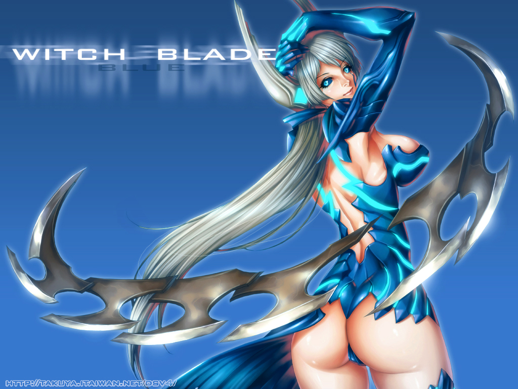 momofuki rio, takuya itaiwan, tsuzuki shiori, witchblade, blade, 00s, 1girl, armor, ass, back, bikini armor, black sclera, blue eyes, breasts, colored sclera, facial mark, female focus, glowing, huge breasts, long hair, solo, weapon, white hair