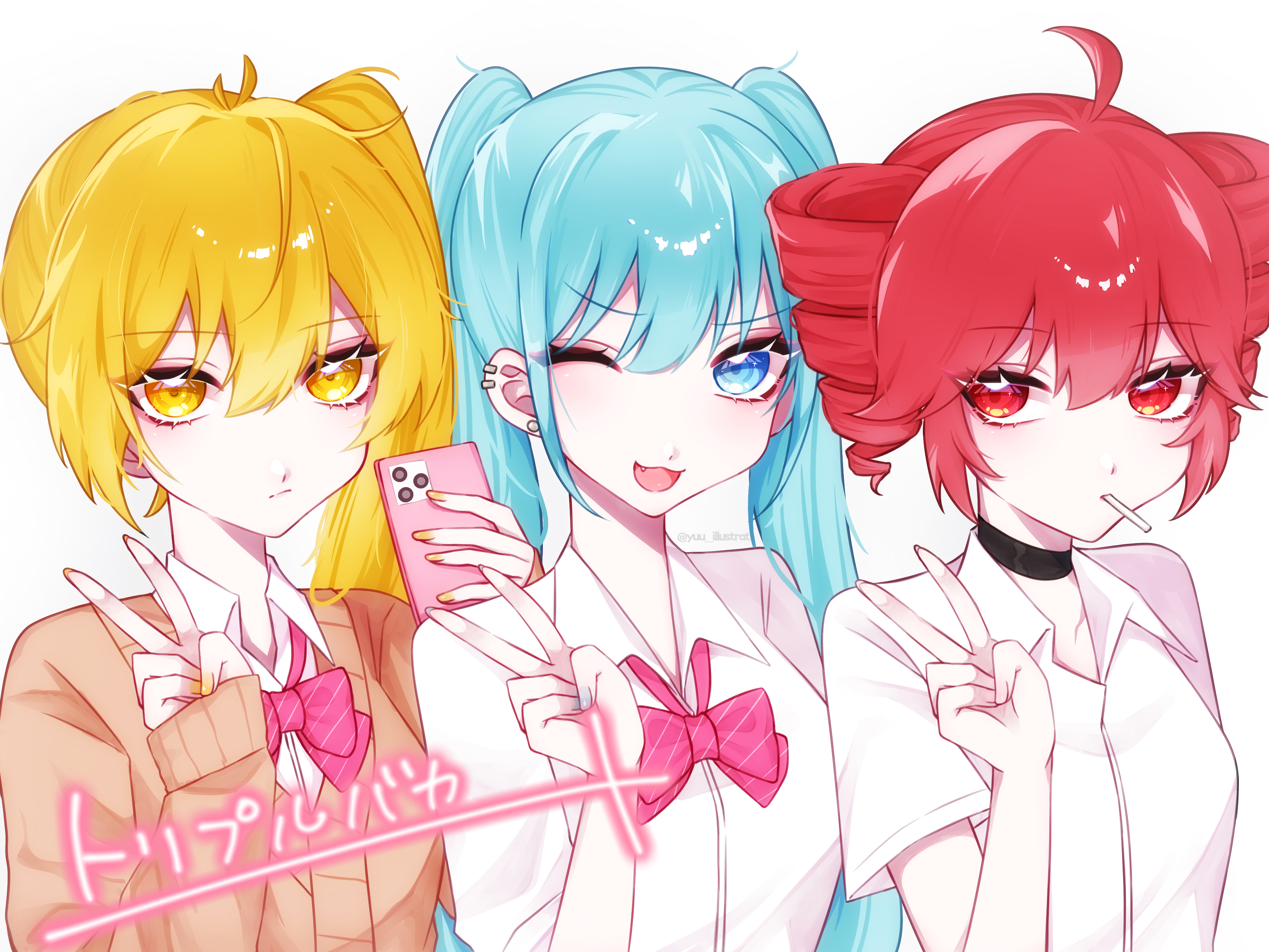 akita neru, hatsune miku, kasane teto, utau, vocaloid, absurdres, commentary request, highres, translation request, 3girls, :3, blonde hair, blue eyes, blue hair, bow, bowtie, cardigan, cellphone, choker, collared shirt, drill hair, ear piercing, earrings, fang, holding, holding phone, jewelry, lollipop in mouth, long hair, long sleeves, looking at viewer, multiple girls, nail polish, one eye closed, open mouth, phone, piercing, red eyes, red hair, school uniform, shirt, short sleeves, side ponytail, sleeves past wrists, smartphone, smile, striped bow, striped bowtie, striped clothes, triple ryuunen, twin drills, twintails, upper body, v, yellow eyes, yu (user cpet8748)