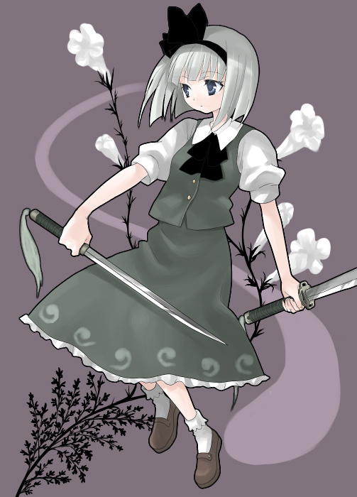 midori (green tea), midori (pixiv), konpaku youmu, konpaku youmu (ghost), touhou, silver hair, bad id, bad pixiv id, 1girl, blunt bangs, bob cut, bobby socks, dual wielding, female focus, ghost, hitodama, holding, katana, ribbon, school uniform, serafuku, short hair, socks, solo, sword, weapon