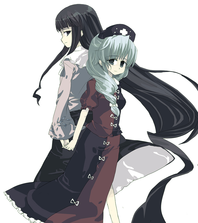 hide38, houraisan kaguya, yagokoro eirin, touhou, silver hair, 2girls, black hair, female focus, hat, long hair, multiple girls, ribbon