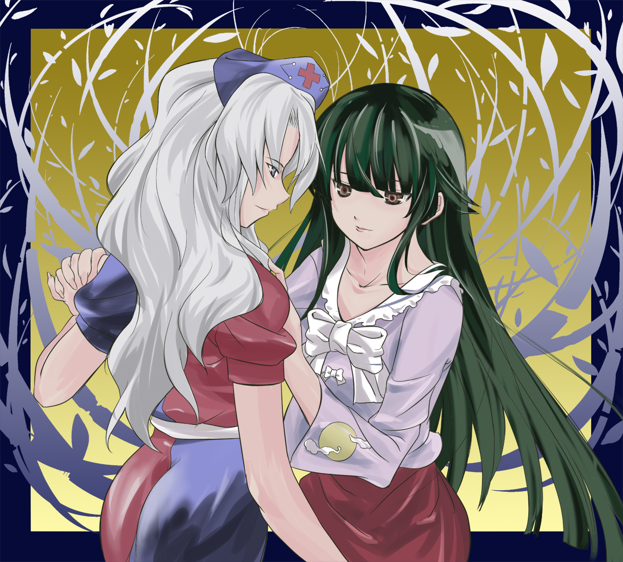 kinmokusei, mita soumu, houraisan kaguya, yagokoro eirin, touhou, silver hair, bad id, bad pixiv id, 2girls, black hair, female focus, hat, long hair, multiple girls, ribbon
