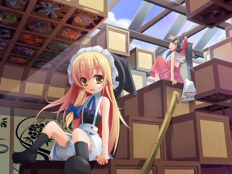 wapokichi, hakurei reimu, kirisame marisa, touhou, black footwear, black legwear, light, looking away, 2girls, alternate costume, arm support, black hair, black hat, blonde hair, bloomers, blue bow, blue ribbon, bow, box, broom, day, female focus, hair bow, hair tubes, hat, indoors, knees up, lens flare, light rays, looking at viewer, looking up, multiple girls, neck ribbon, nontraditional miko, on box, ponytail, red bow, ribbon, shading eyes, shoes, sitting, sitting on box, sky, skylight, sleeveless, socks, sunbeam, sunlight, suspenders, underwear, witch hat, yellow eyes