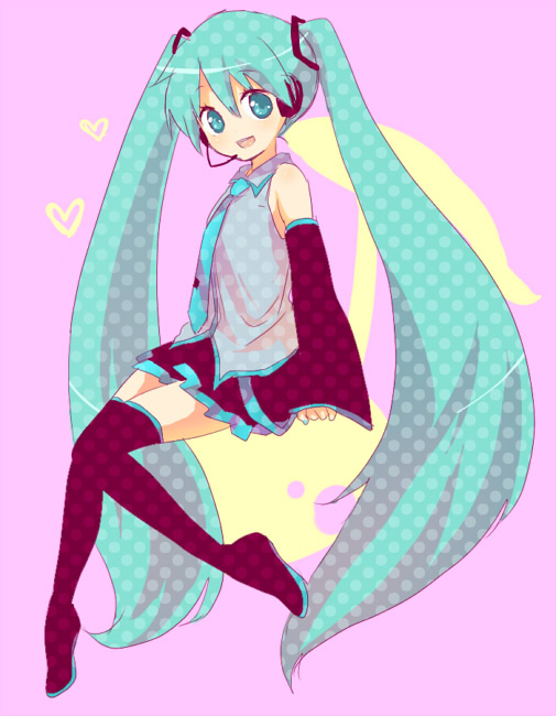 machiko (beard), hatsune miku, vocaloid, 1girl, :d, aqua hair, black boots, black skirt, boots, collared shirt, detached sleeves, female focus, full body, grey shirt, hair ornament, headphones, heart, long hair, looking at viewer, miniskirt, nail polish, necktie, open mouth, pink background, pleated skirt, shirt, sitting, skirt, smile, solo, thigh boots, thighhighs, twintails, very long hair