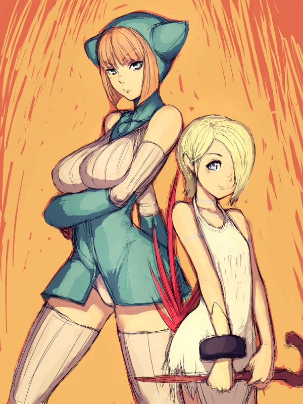 fumio (rsqkr), lin, lin (breath of fire), nina (breath of fire v), breath of fire, breath of fire v, capcom, 2girls, age difference, animal hood, blonde hair, blue eyes, cat hood, elbow gloves, gloves, hair over one eye, hood, multiple girls, red hair, short hair, thighhighs