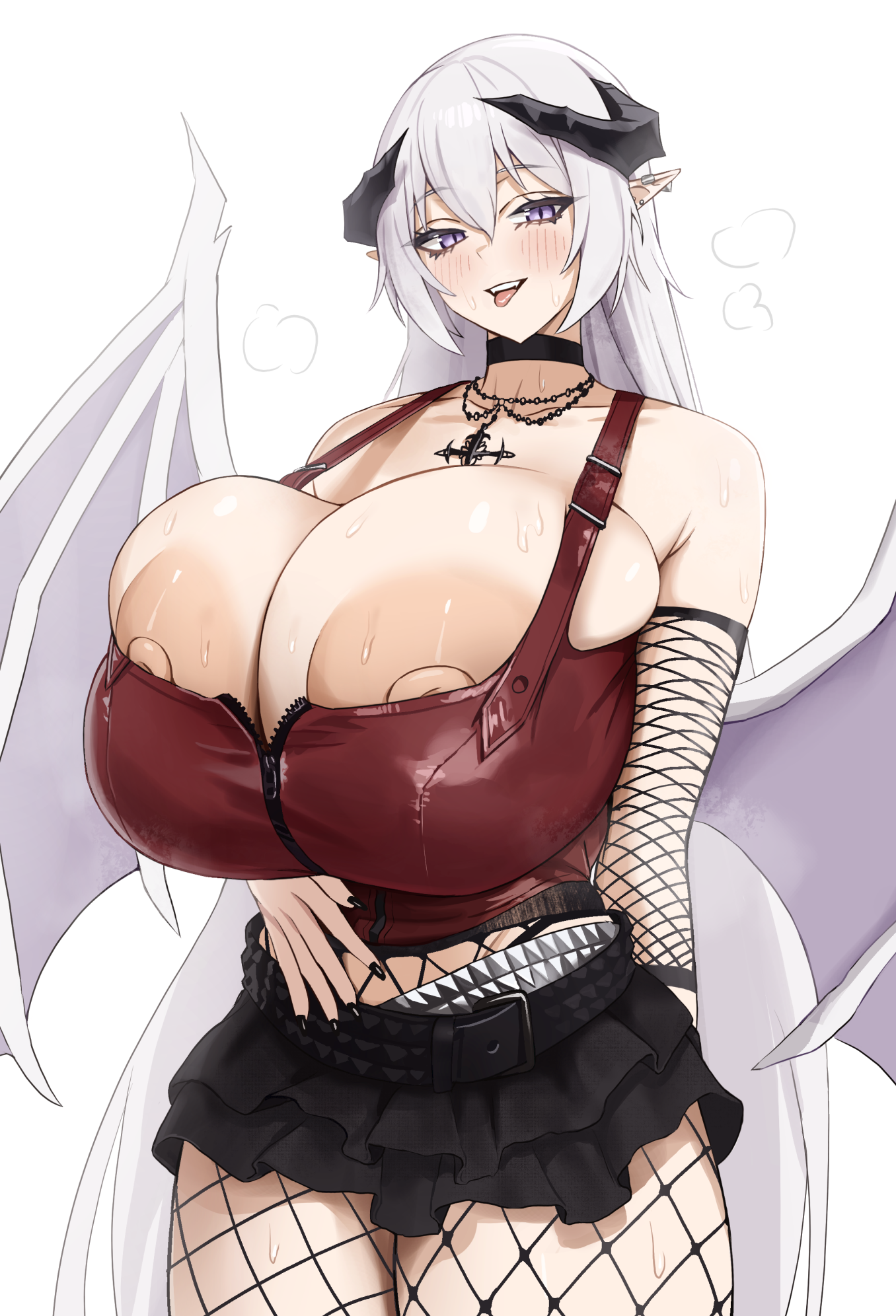 dotthebot, valenia (dotthebot), original, highres, 1girl, bat wings, breasts, bursting breasts, choker, fishnets, gigantic breasts, huge areolae, huge breasts, huge nipples, long hair, puffy nipples, purple hair, skirt, solo, tongue, tongue out, white hair, wings